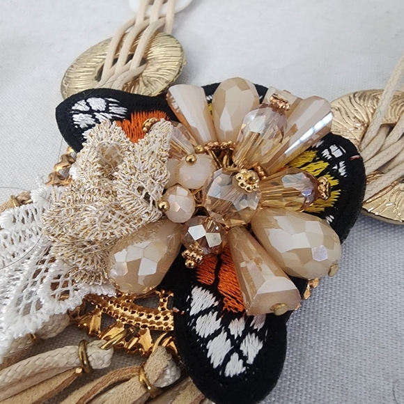 Unique Ivory Cord Multi Media Necklace AB Glass Earrings Set - Picture 11 of 13